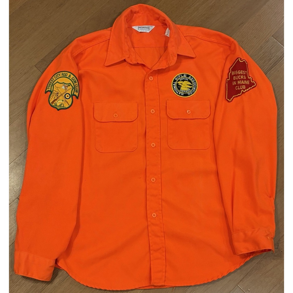 Five Brother Flannel L USA Blaze Orange Deer Hunting Shirt Buck Club Patch Maine